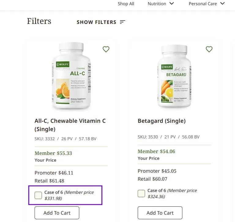 NeoLife product card with a Case of 6 checkbox showing the member case price