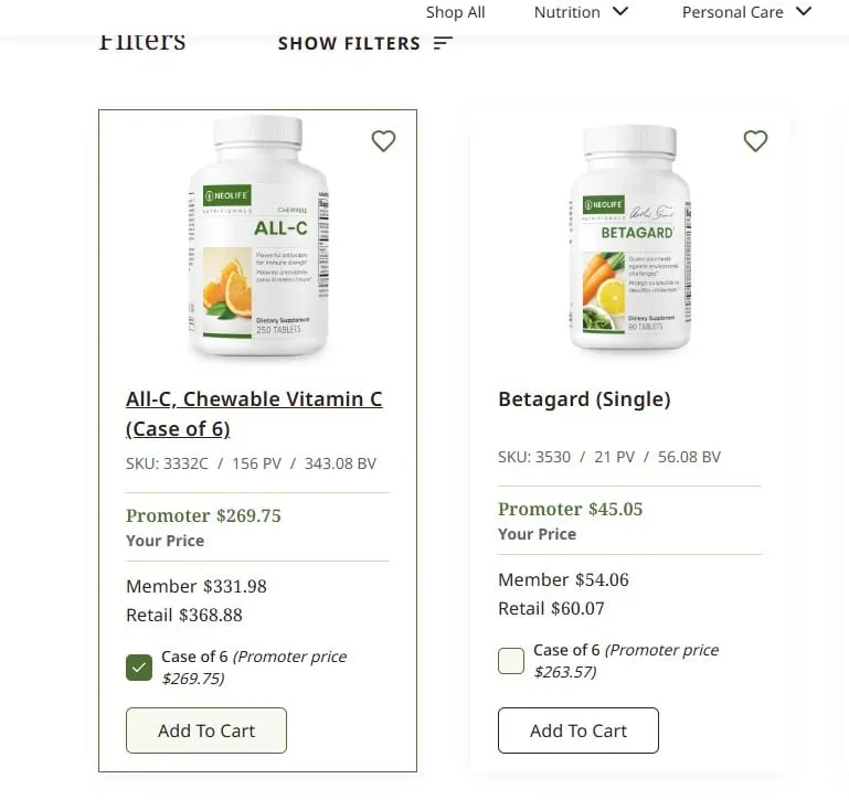 NeoLife product card in the active case state: title reads Case of 6 and the price has updated