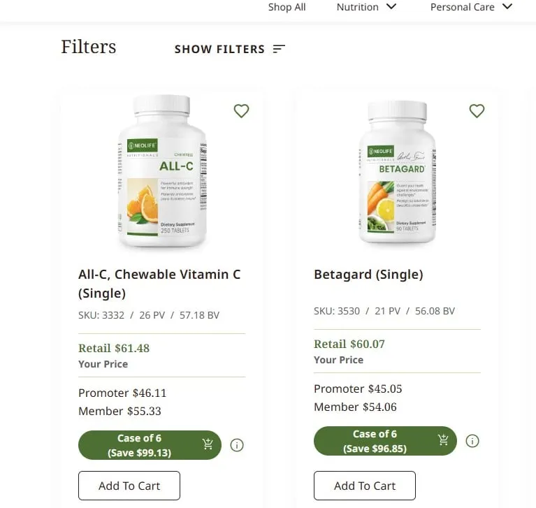 NeoLife product card with a green Case of 6 Save pill