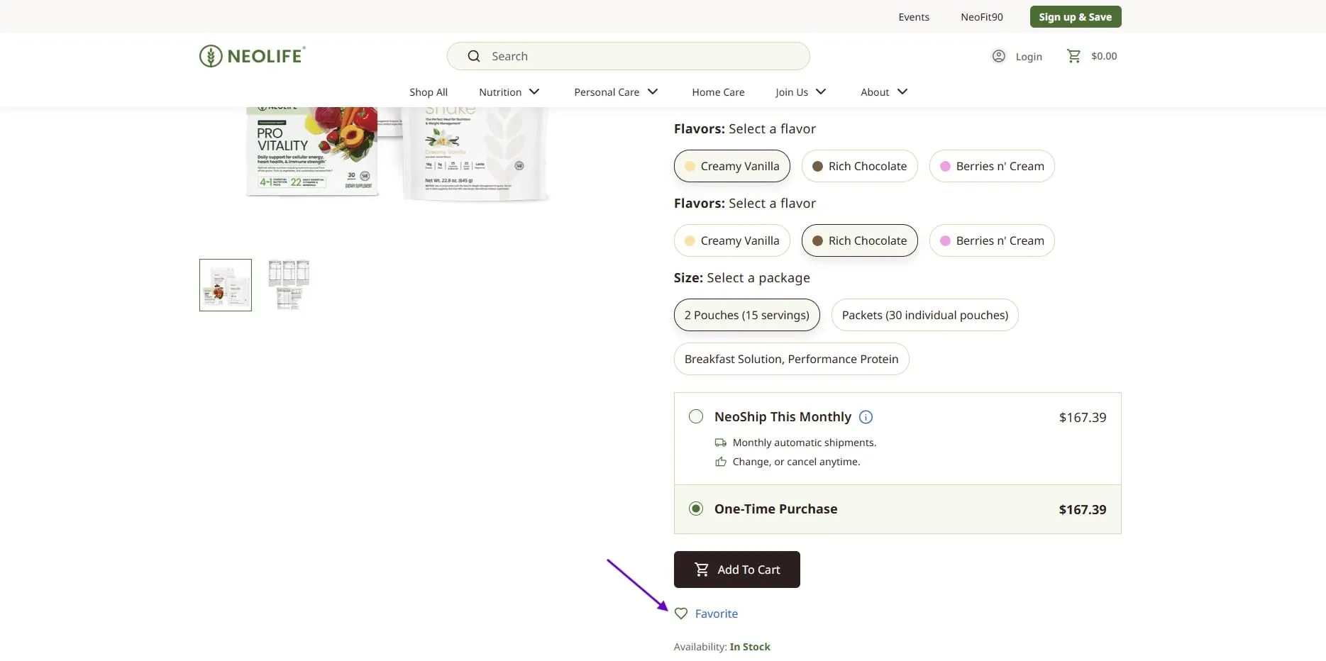 NeoLife product detail page with a Favorite link directly beneath the Add to Cart button