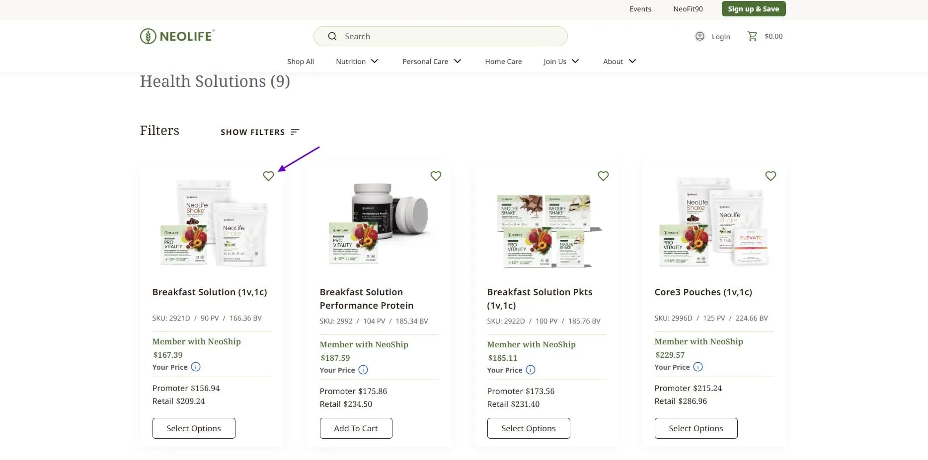 NeoLife product listing page with a heart icon in the top-right of every product card