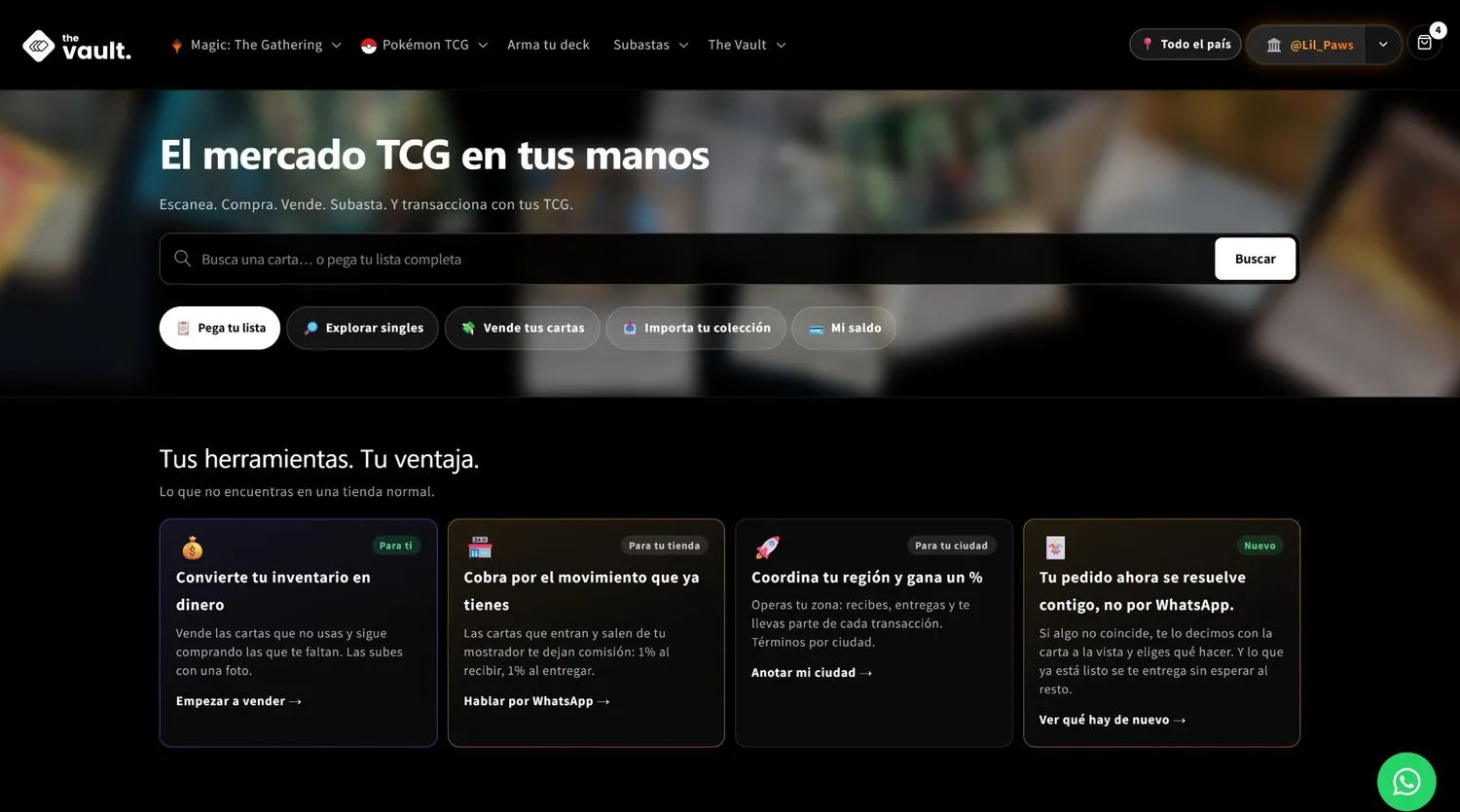 El hero rediseñado con campo de búsqueda, cinco action pills y cuatro tarjetas de rol para jugador, tienda, operador de ciudad y comprador