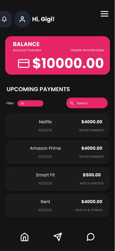 Upcoming payments screen