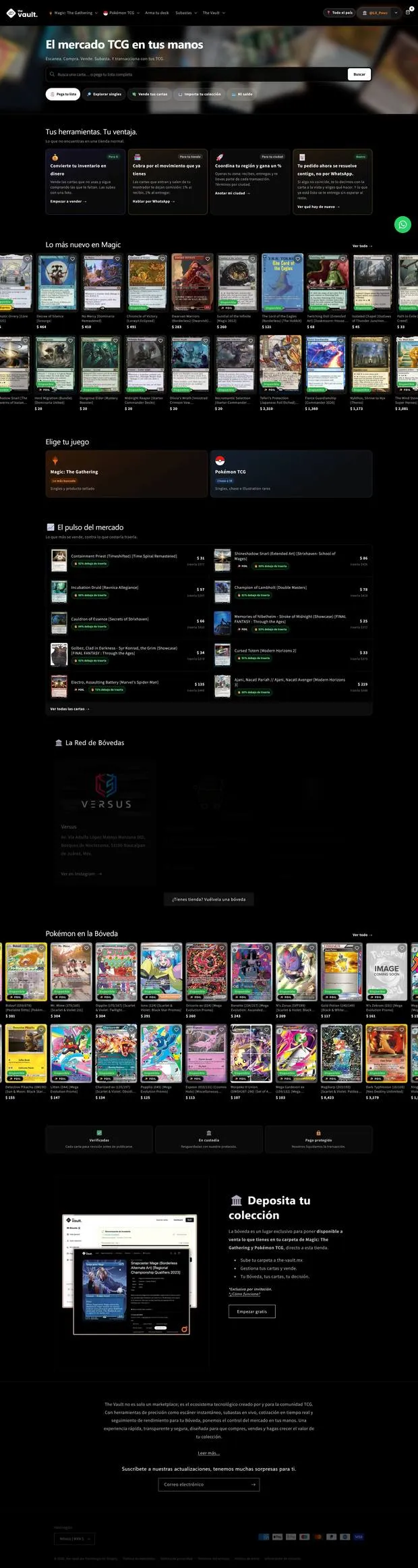 La landing page rediseñada: hero con búsqueda, tarjetas de herramientas, carrusel de novedades, selector de juego, pulso del mercado, red de bóvedas, segundo carrusel, tira de confianza y módulo de depósito