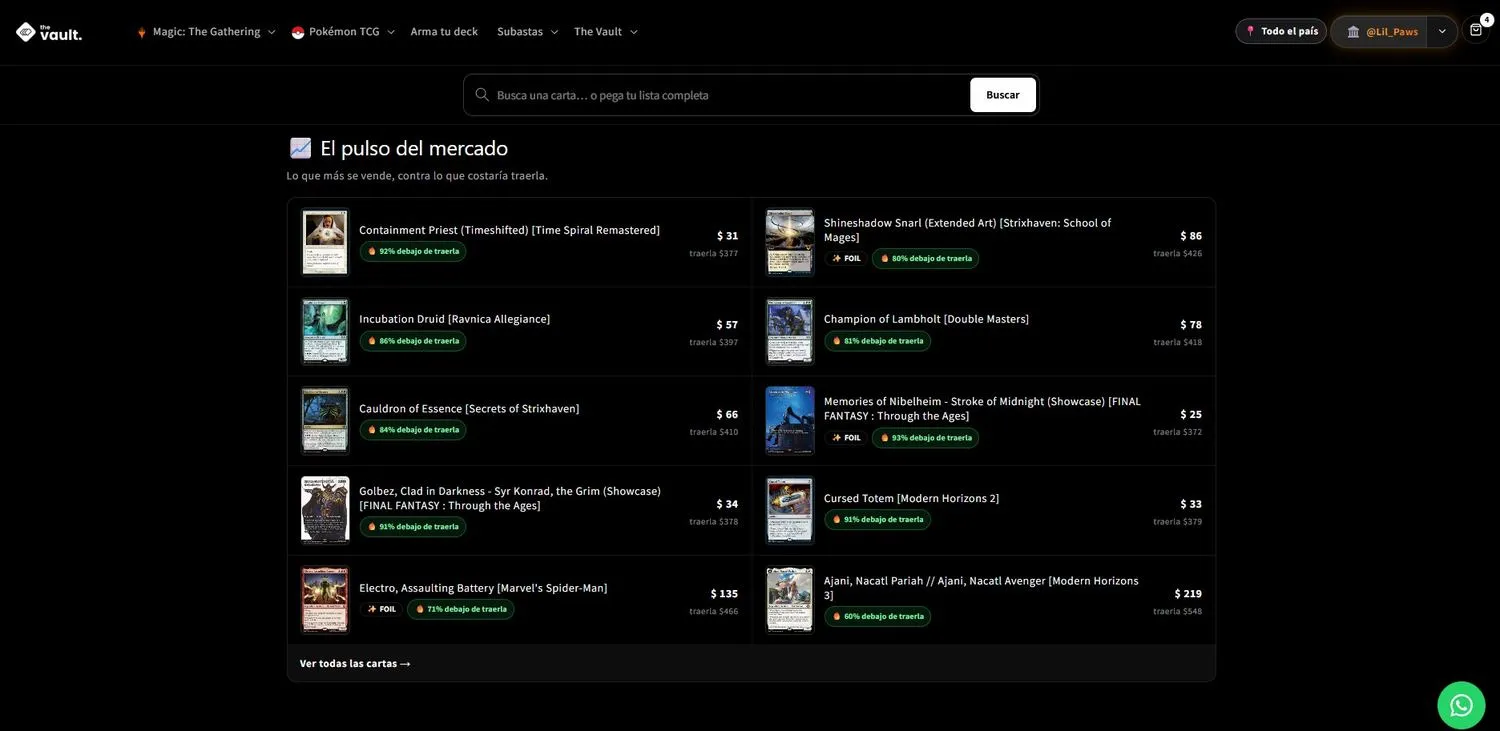 El módulo El pulso del mercado listando cartas con su precio en The Vault, el porcentaje por debajo del costo de importar, y el costo de importar