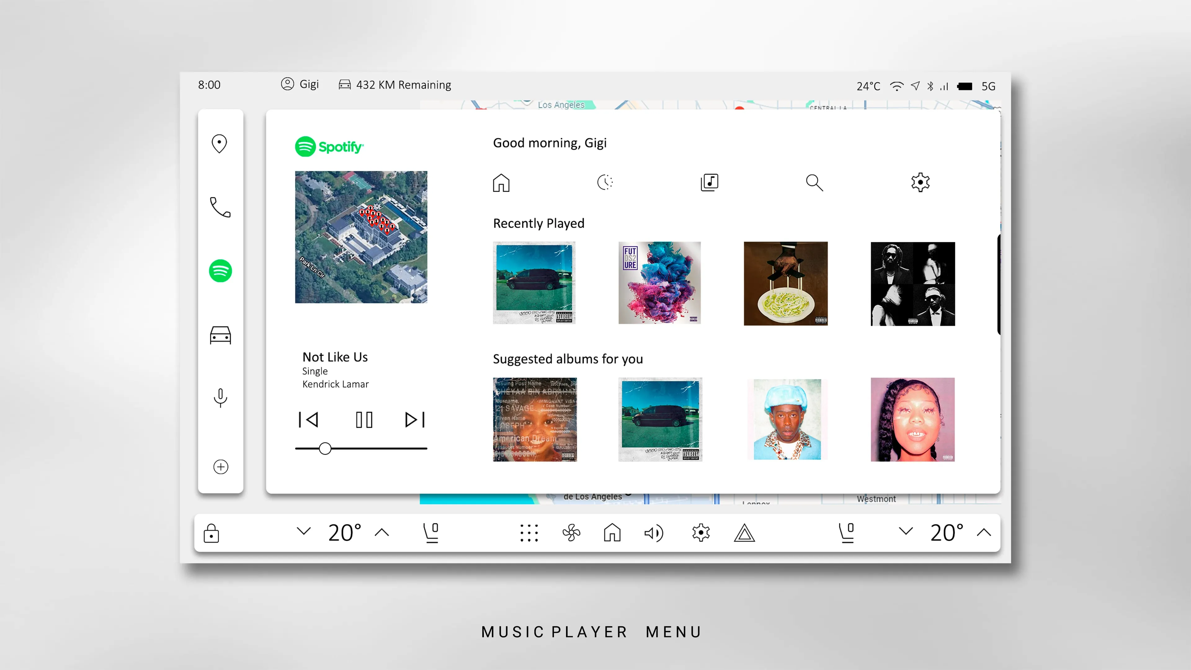 In-car Spotify media player: large now-playing art and controls on the left, Recently Played and Suggested Albums grids on the right, persistent climate bar below
