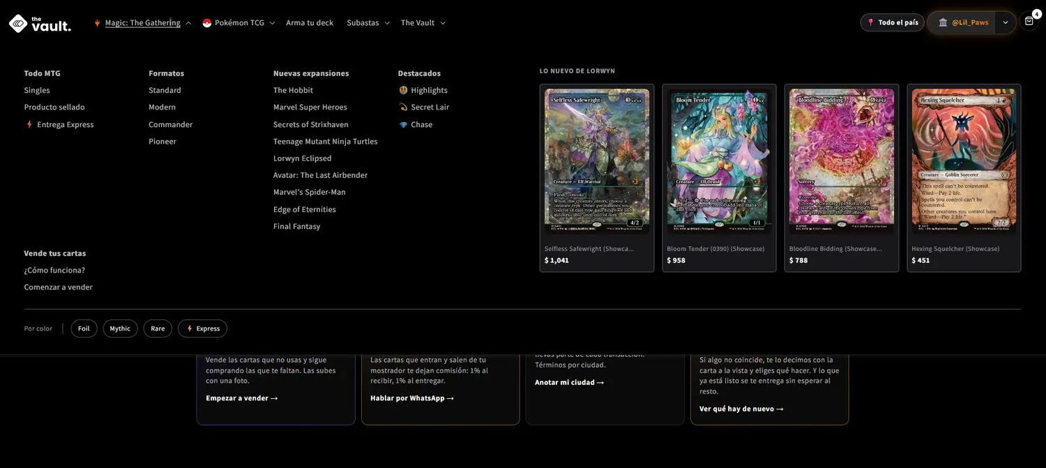 El mega menú de The Vault abierto, con cuatro columnas de estructura de catálogo junto a inventario de cartas en vivo con precios