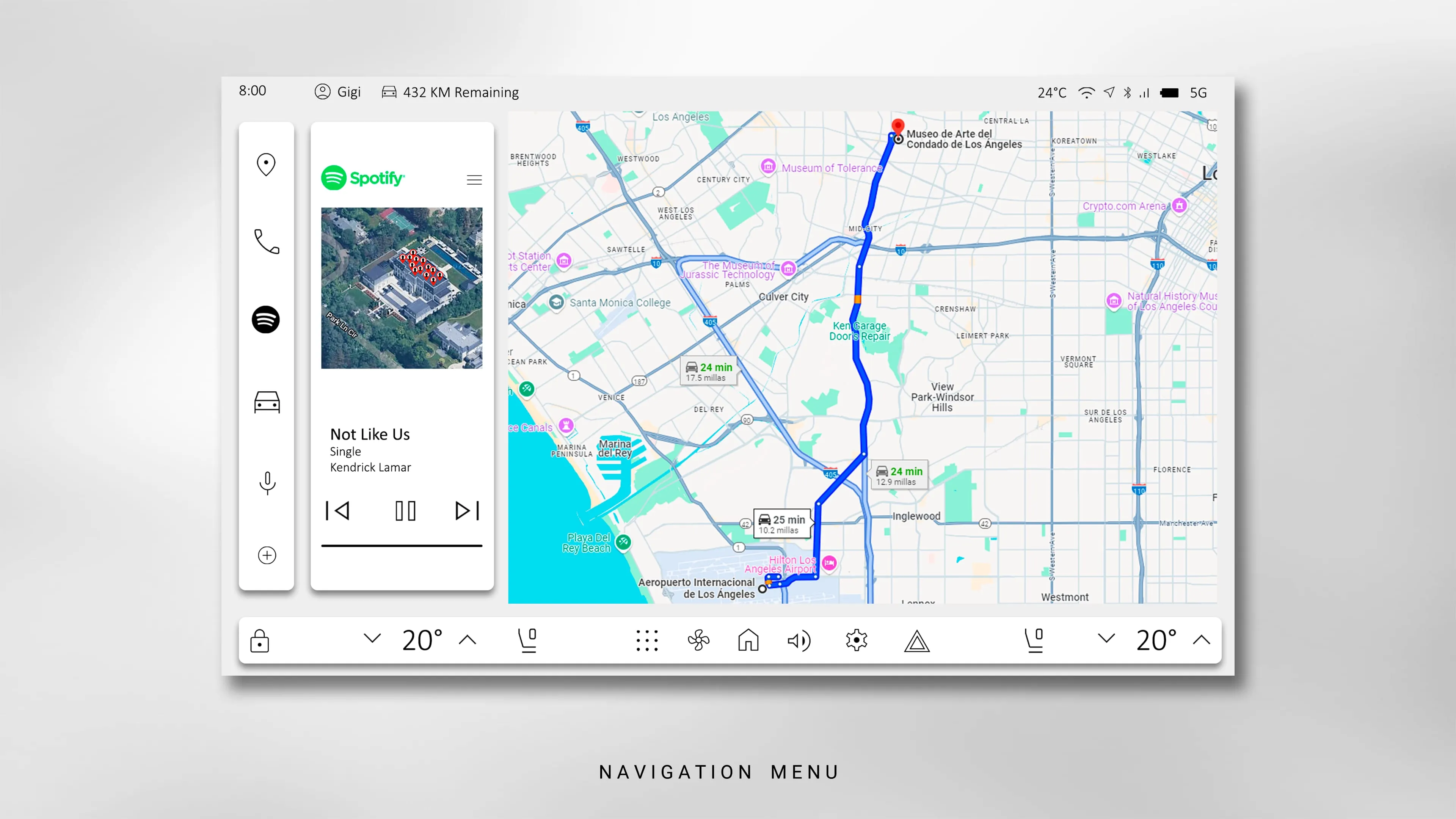 Split-view navigation with an expanded Spotify widget showing album art and transport controls on the left, map on the right