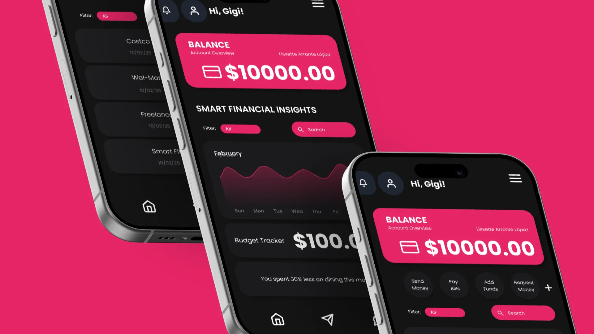 Luma dashboard: balance, smart financial insights chart, and quick actions across three phones