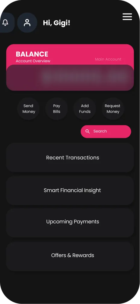 Luma main menu — balance, quick actions, and section shortcuts