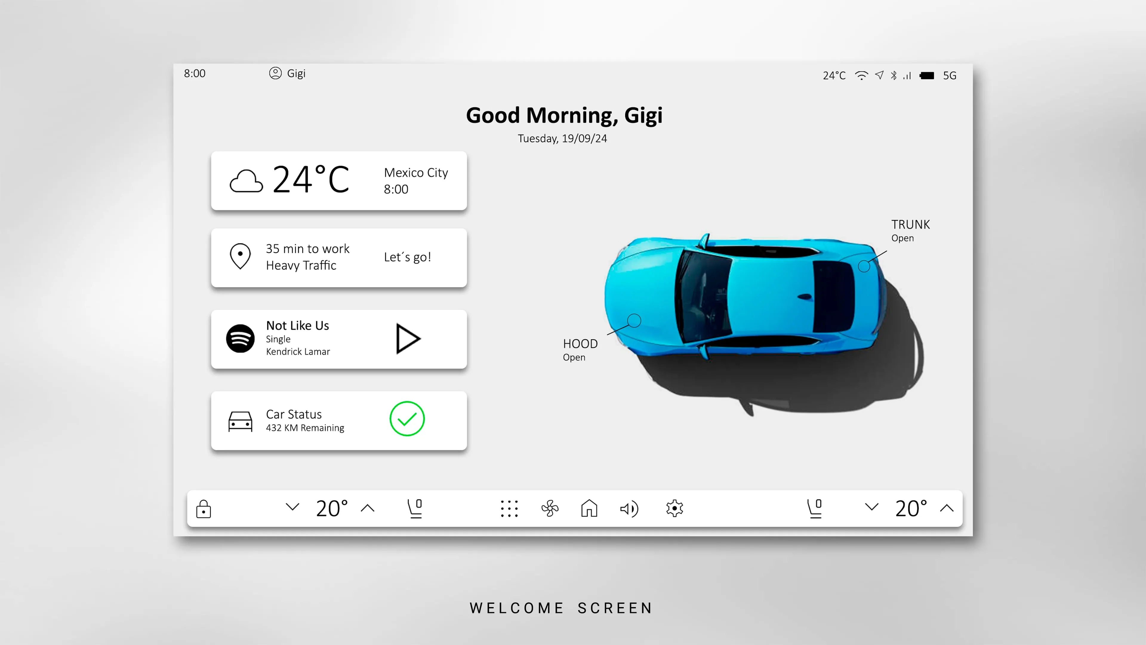 Welcome dashboard — greeting, commute, media and vehicle status in one glance